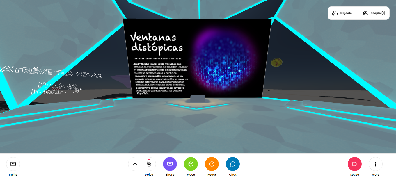 Ventanas distópicas Pantalla virtual con el título “Ventanas distópicas” dentro de un entorno 3D.