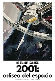 Una estación espacial futurista orbita una luna con un fondo estrellado. Debajo, el texto en negrita dice "2001: Odisea del espacio" de Stanley Kubrick.